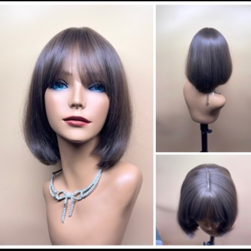 13” cool brown short bob bangs synthetic wig -124